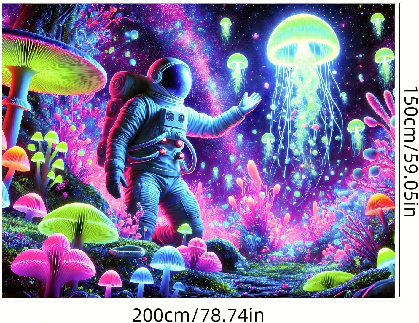 BlissYard Blacklight Astronaut Jellyfish Tapestry Trippy Mushroom Tapestry UV Reactive 59X78 inch Fantasy Plants Wall Tapestry Psychedelic Neon Galaxy Space Tapestry Wall Hanging for Room Boys Poster