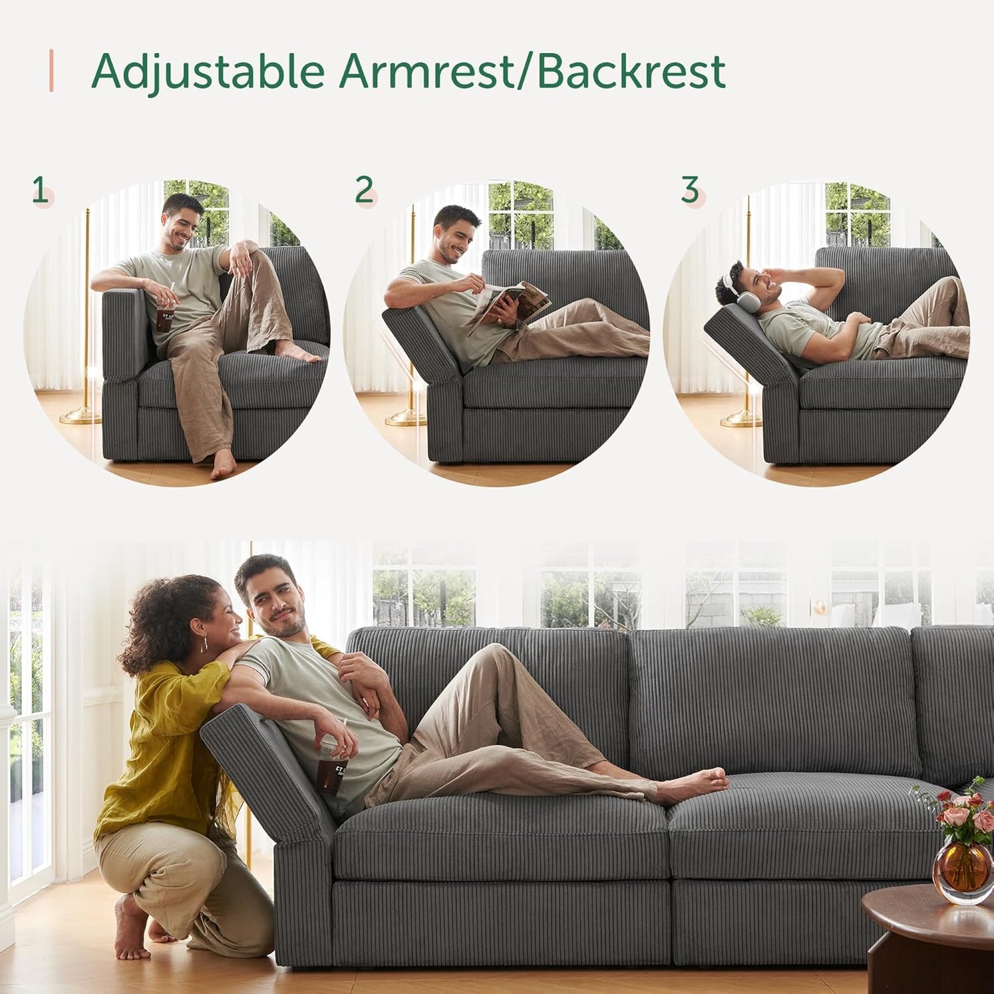 HONBAY Modular Sectional Sofa with Storage Corduroy U Shaped Sofa Modular Sectional Couches for Living Room,Dark Grey