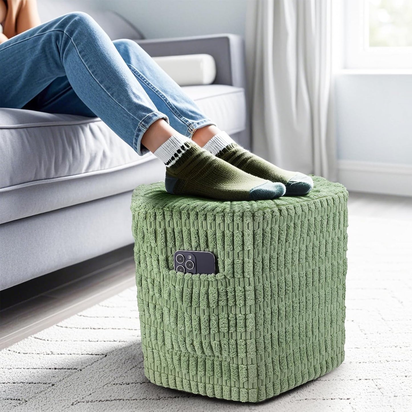 Hexagon Pouf Ottoman Stuffed with 2 Pockets & Handle, Comfort Corduroy Poufs, Non-Slip Foot Stool Storage Ottoman, Foam Floor Poufs Foot Rest for Couch, Bedroom (Green)