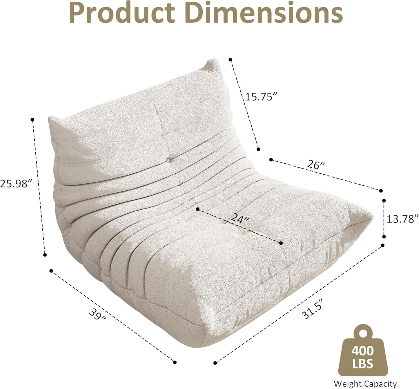 Bean Bag Chair, Oversized Bean Bag Chair for living Room, Fireside Chair for adults with Memory Foam Filled, Big Accent Sofa Lounge Floor Sofa for Gaming, Reading, Relax, No Assembly Required. (Beige)