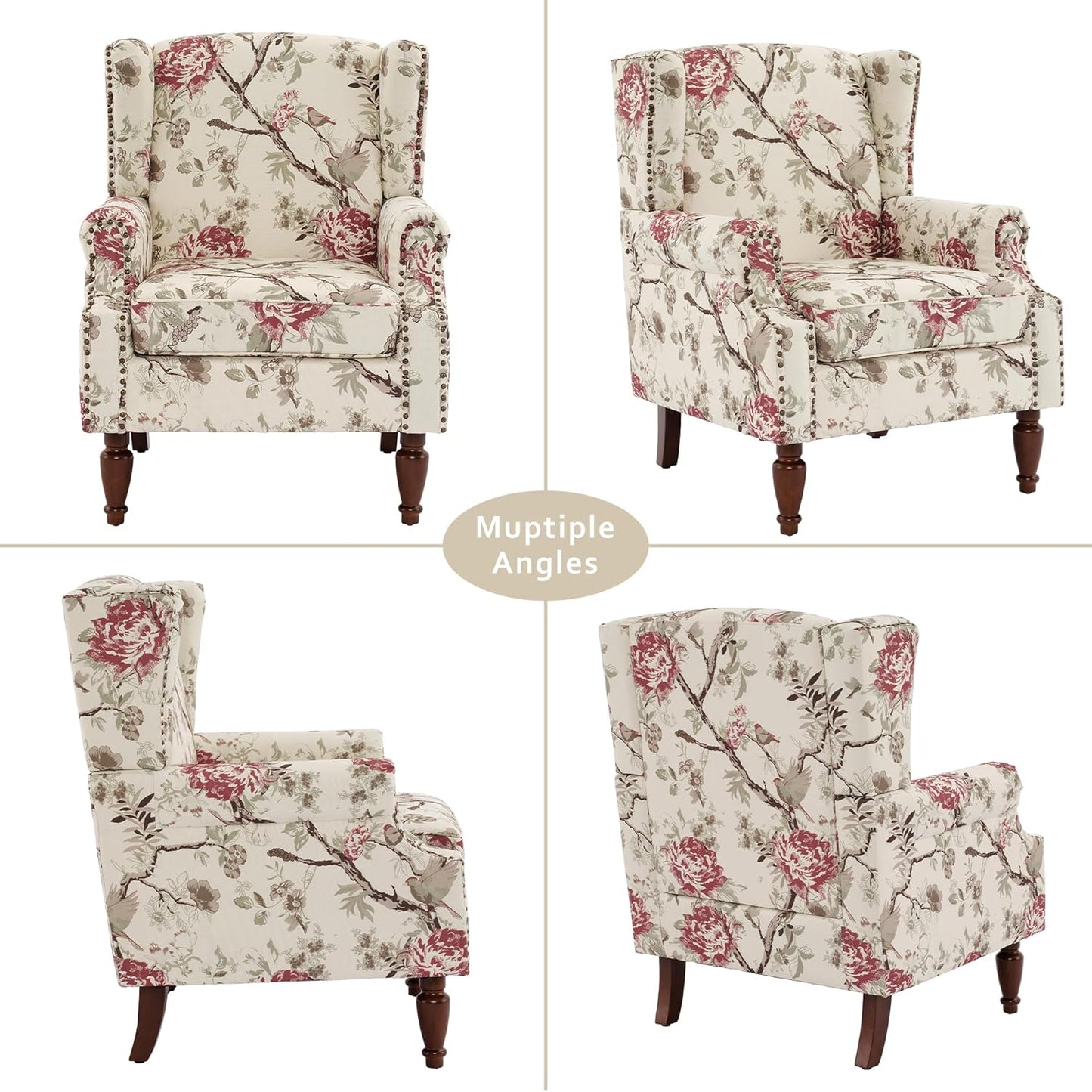 Lumibee Wingback Accent Chair, 2 Set High Back Floral Armchairs in Fabric,Comfy Upholstered Reading Single Sofa Chairs with Solid Wood Legs for Living Room,Bedroom,Office-Floral Beige