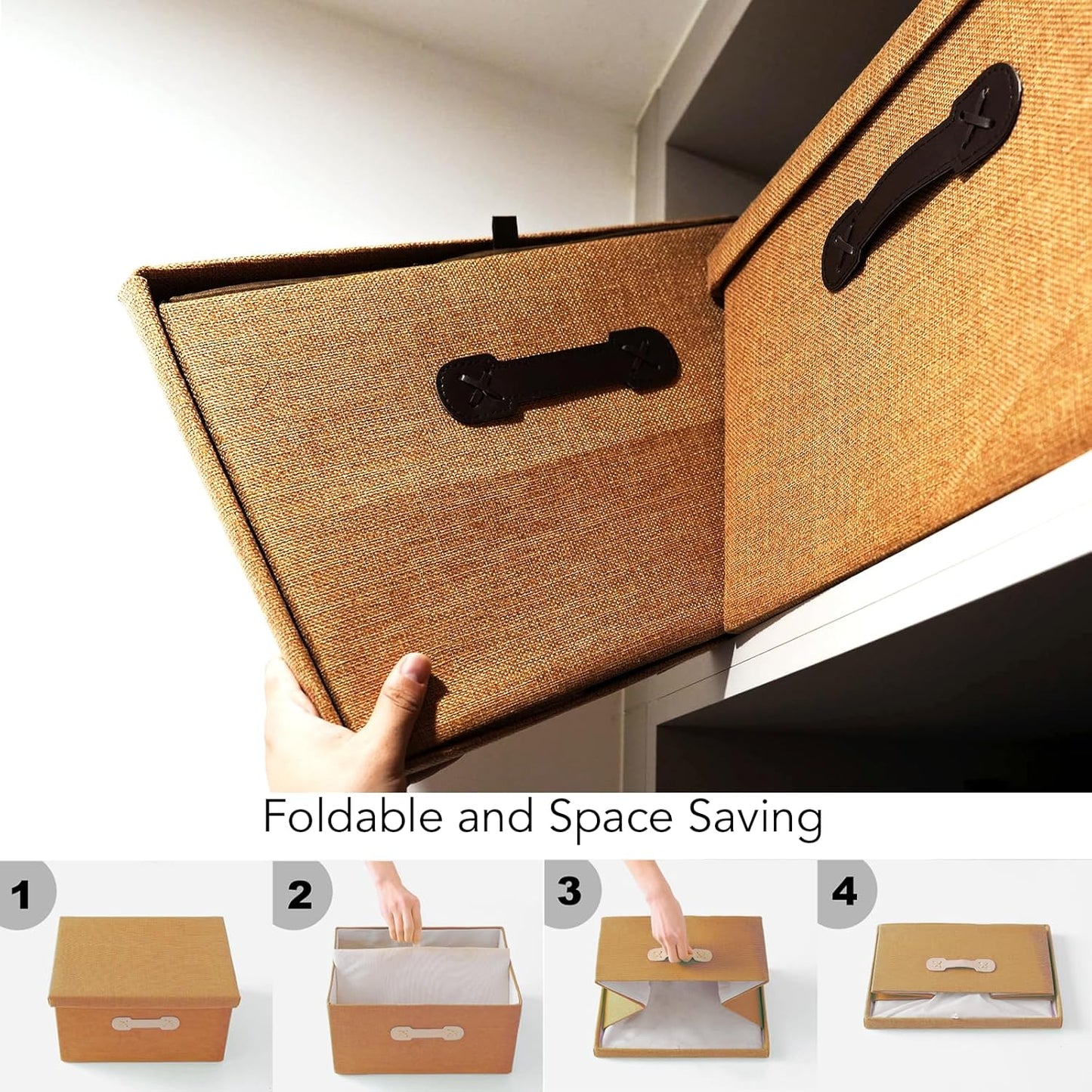 Enzk&Unity Decorative Storage Bins with Lids, Fabric Linen Foldable Storage Box with Handle Home Organizer for Shelf, Closet, Bedroom, Living Room, Office, 3 Packs, Brown