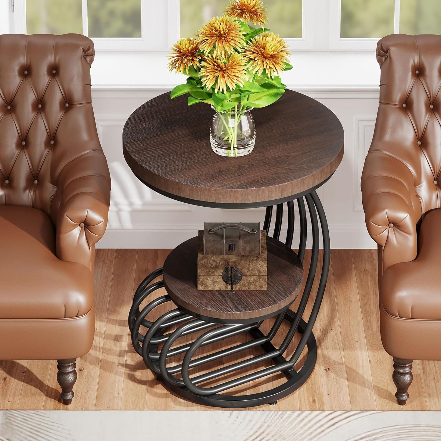 Tribesigns Round End Side Table: 2 Tiers Side Table Set of 2, Vintage End Table for Living Room, Small Bedside Table Accent Table with Arc-Shaped Frame, Rustic Brown