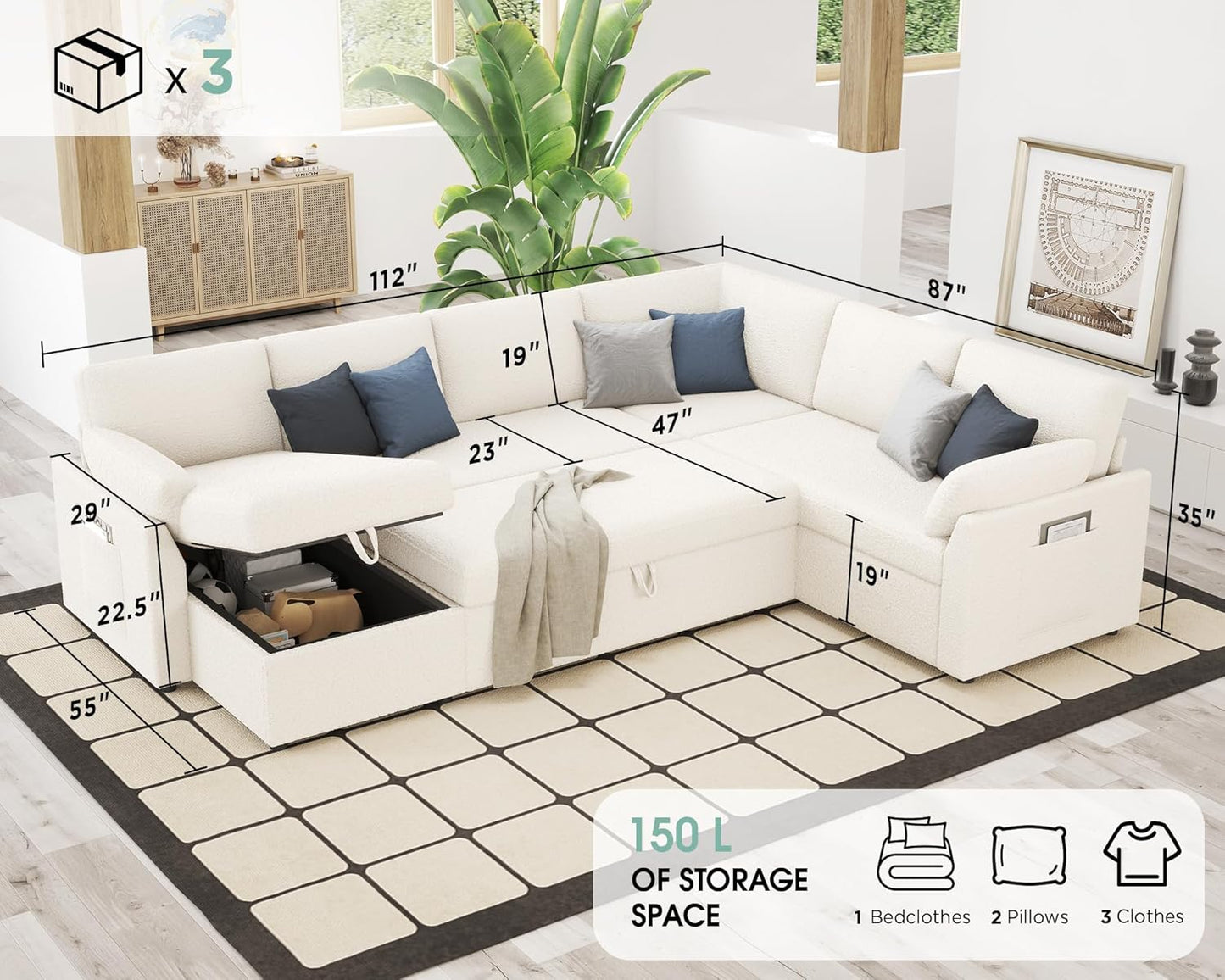 VanAcc Pull Out Sofa, 112 Inch Oversized U Shape Sleeper Sofa Couch with Storage Chaise & 3 Seater, Comfy Couch with Pull Out Bed for Living Room, White Boucle