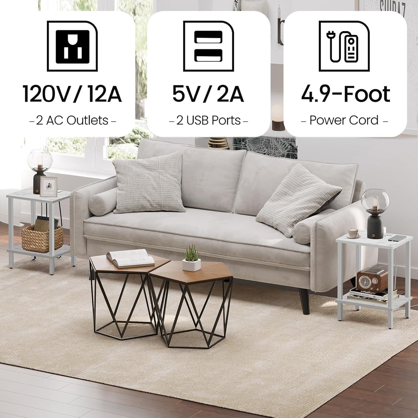 TUTOTAK End Table with Charging Station, Small Side Table with Outlets, Nightstand Bedside Table, 2-Tier Storage Shelf for Small Space, Living Room, Bedroom, Marble White TB01BMW040