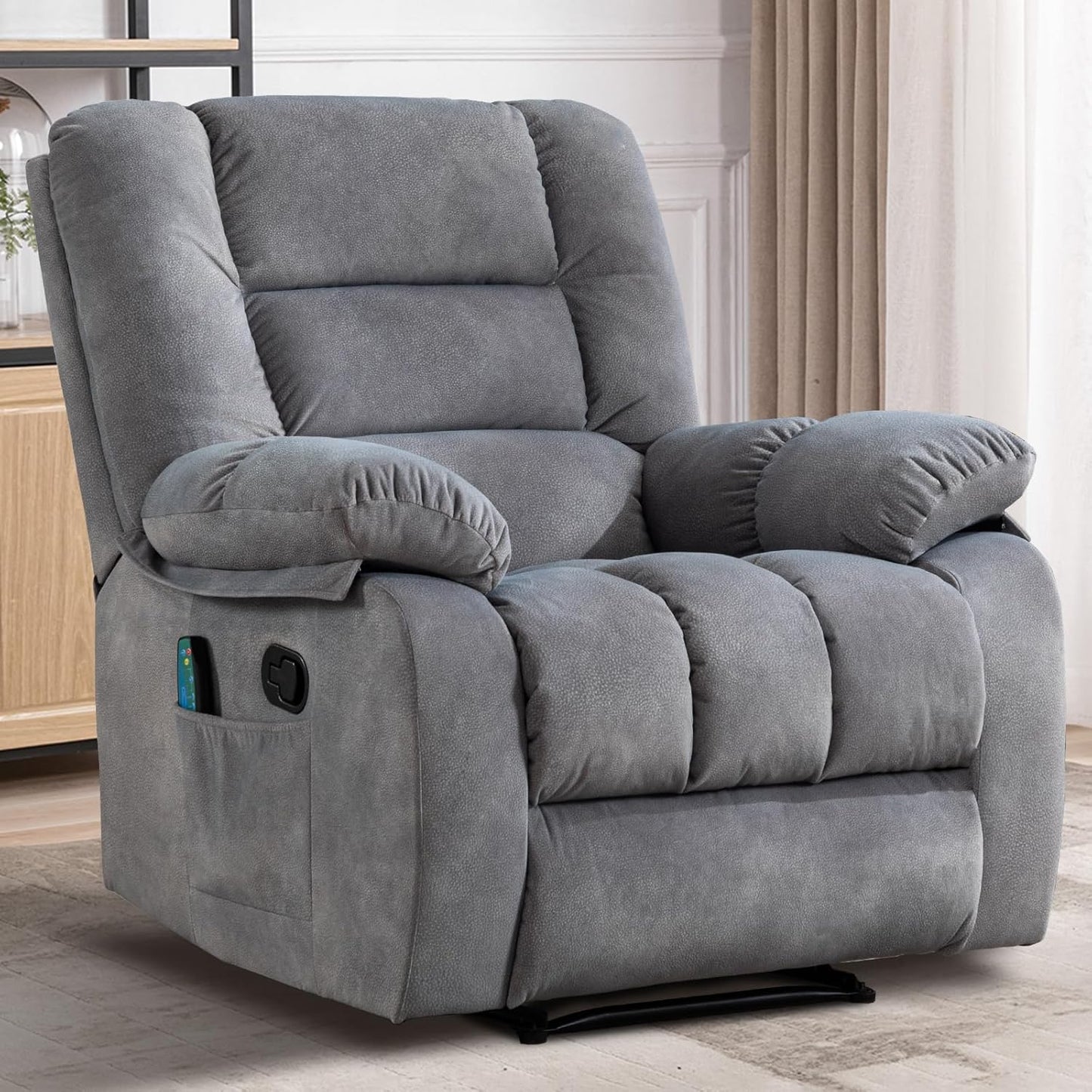 Massage Recliner Chair with Heat and Massage, Soft Fabric Ergonomic Manual Reclining Chairs, Heavy Duty Reclining Sofa Chair with Side Pockets for Living Room (Light Grey)
