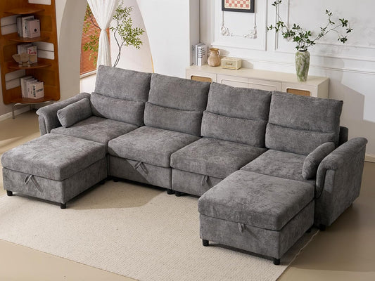 132'' Oversized Modular Sectional Sofa, U Shaped Comfy Sectional Couch with Large Storage, 6 Seat Chenille Deep Seat Cloud Sofa with 2 Throw Pillows for Living Room,Grey