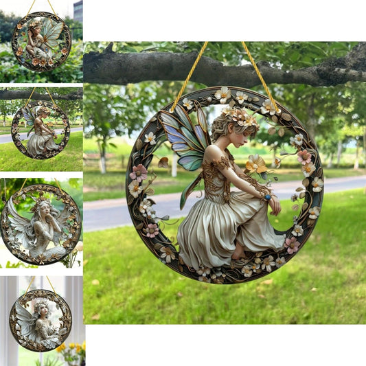 Flower Fairy Garden Decorations Angel Wing Christmas Halloween Deco Statue Art Elf Sculpture Hanging Craft for Outdoor Yard Courtyard Lawn Patio Window Acrylic Ornament Home Gift (B,S: 6*6 IN)