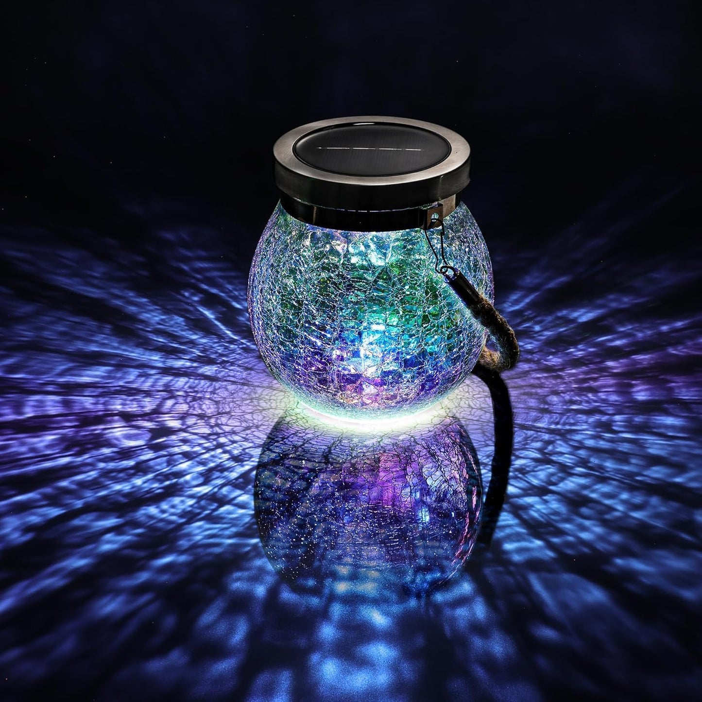 Cooo 2 Pack Solar Lantern Outdoor Waterproof Iridescent Crackle Glass with 215% Larger Solar Panel, Stainless Steel Lid – Rainbow Glass Hanging Light with Cool White LED for Garden Patio Table