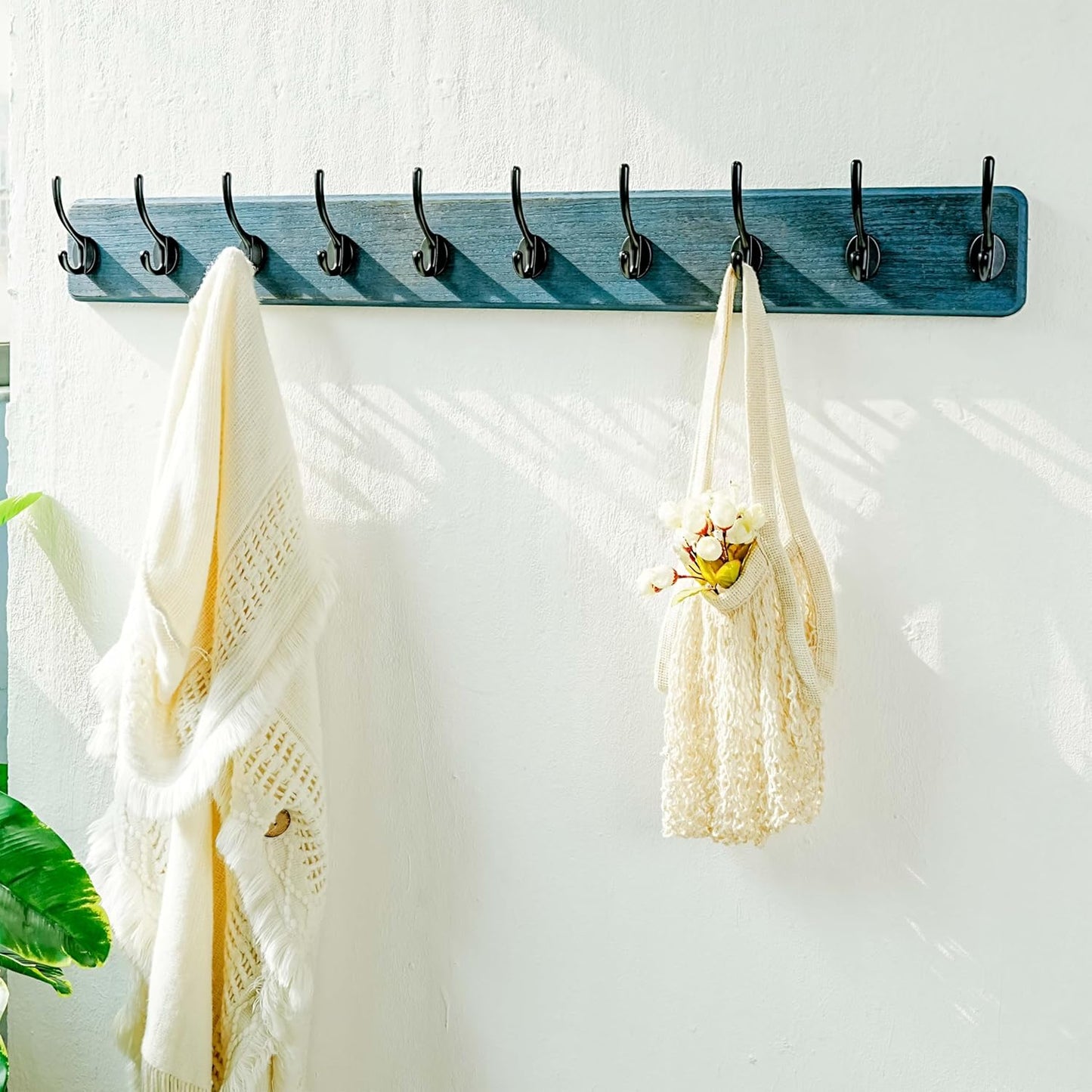 Dseap Coat Rack Wall: 38-1/4" Long, Patented, Heavy-Duty, 10-Double-Hooks Wooden Wall Mounted Coat Rack Coat Hanger Hook Rail for Winter Coats Hat Jacket Clothing, Weathered Blue