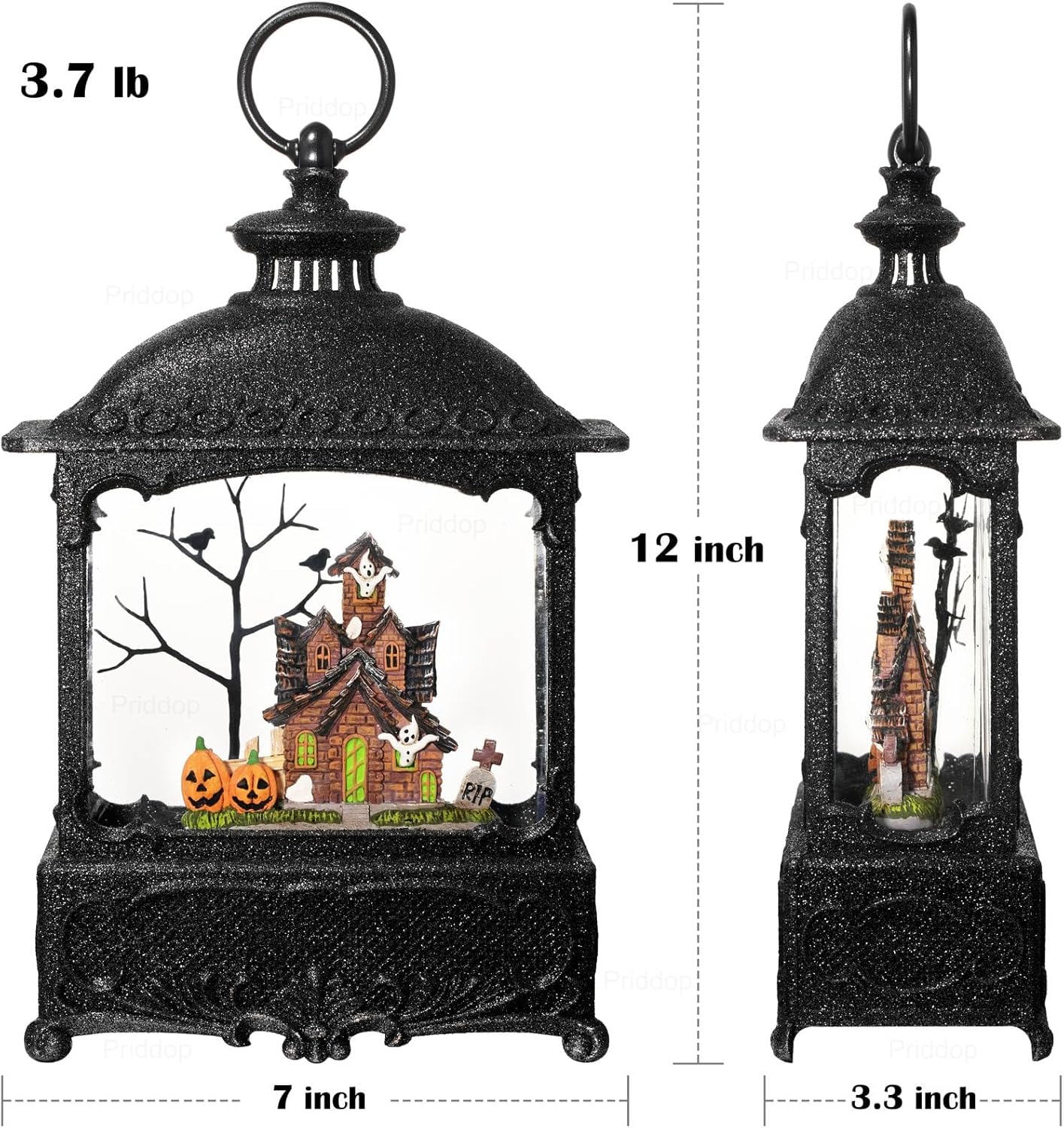 Halloween Snow Globe Lantern Haunted House Pumpkin Ghost Tree Crow Rip Dancing Bats with Timer, USB and Battery Powered 12 inch
