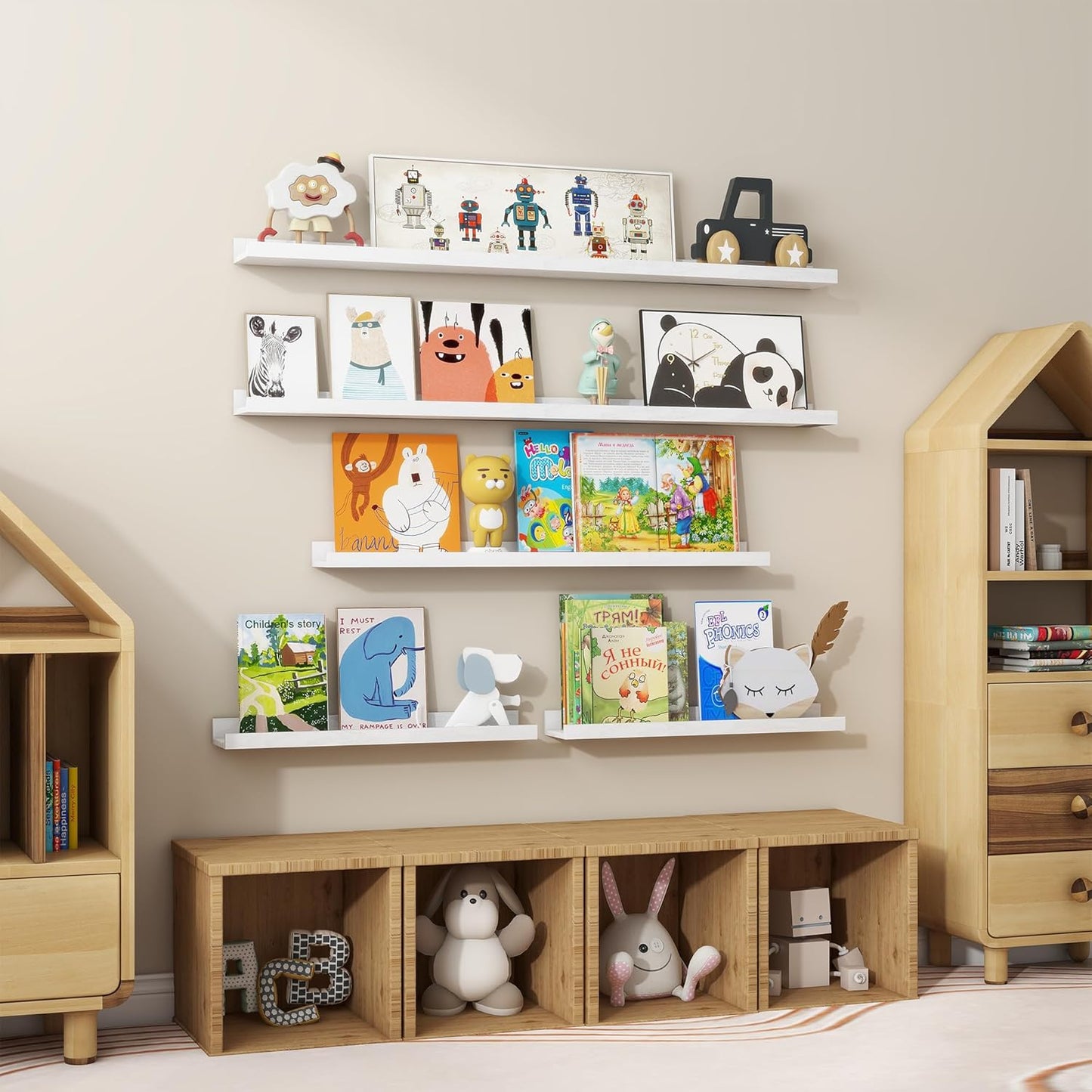 Floating Picture Ledge Shelves 48 Inch Solid Oak Wood Set of 2, Rustic Wall Storage Shelves with Lip, Kids Bookshelf, Photo & Picture Ledge Shelves for Bedroom, Living Room, Kitchen