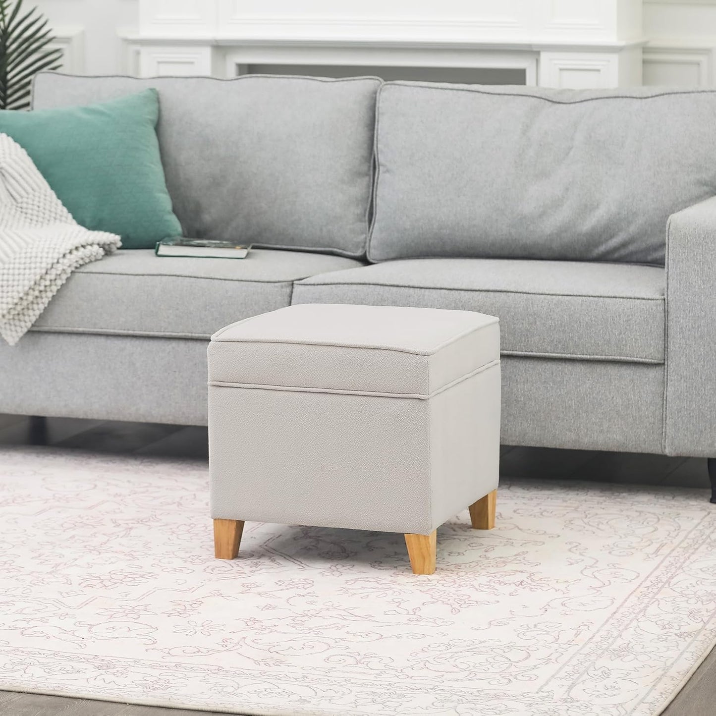 Adeco 17.5" Square Fabric Ottoman with Storage - Upholstered Cotton Linen Foot Rest - Flip Top Footstool with Sturdy Wood Legs, Small Cube Coffee Table Extra Seat for Living Room, Bedroom, White