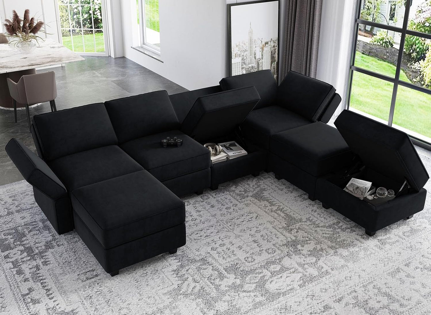 Belffin Modular Sectional Sofa U Shaped Sectional Couch with Reversible Chaises Velvet Modular Sofa with Storage Seat Black