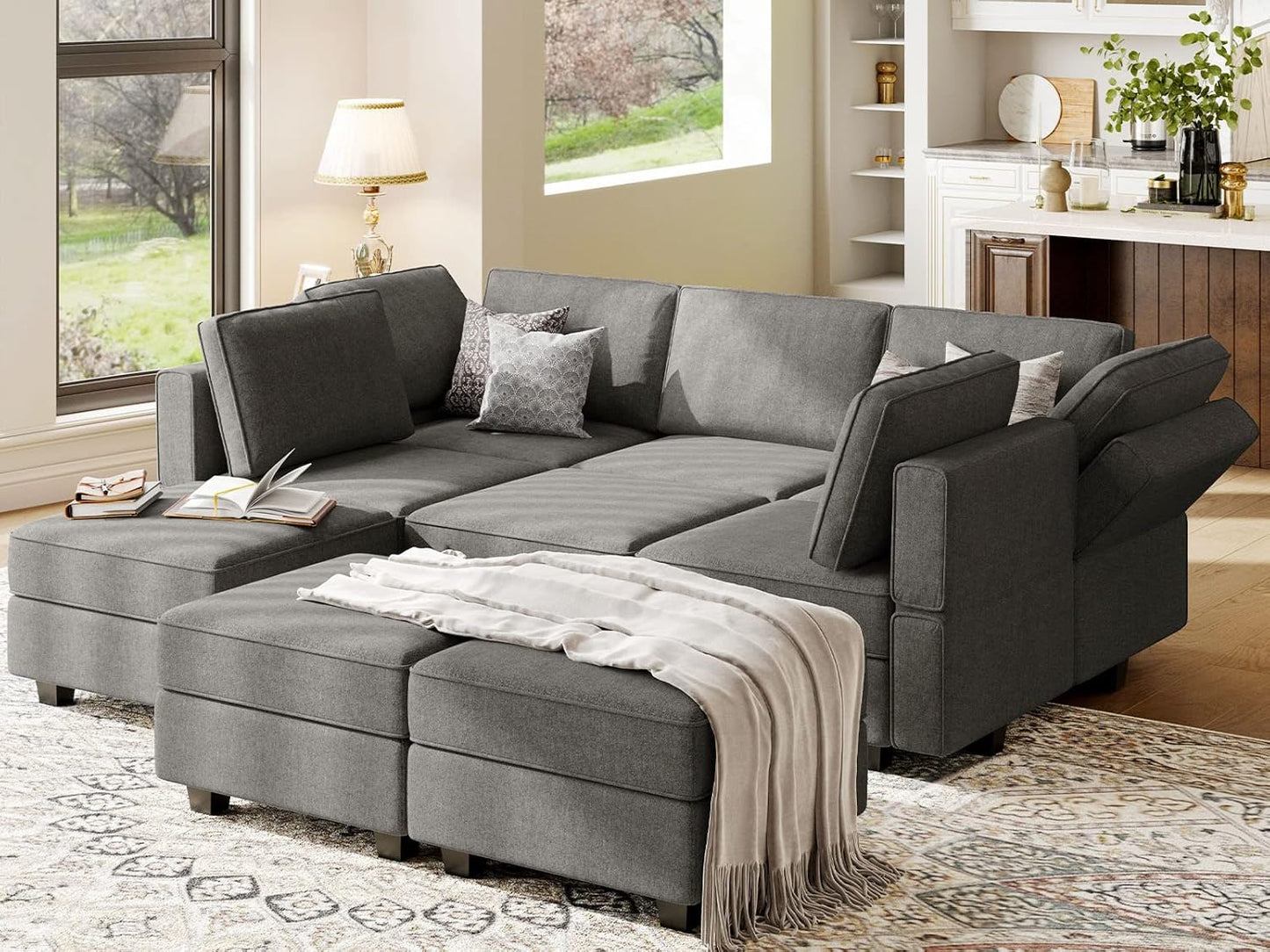 Belffin Modular Sectional Sleeper Sofa Couch with Storage Ottoman Convertible Sectional Couches for Living Room Terry Reversible Chaise. Light Grey Sofa
