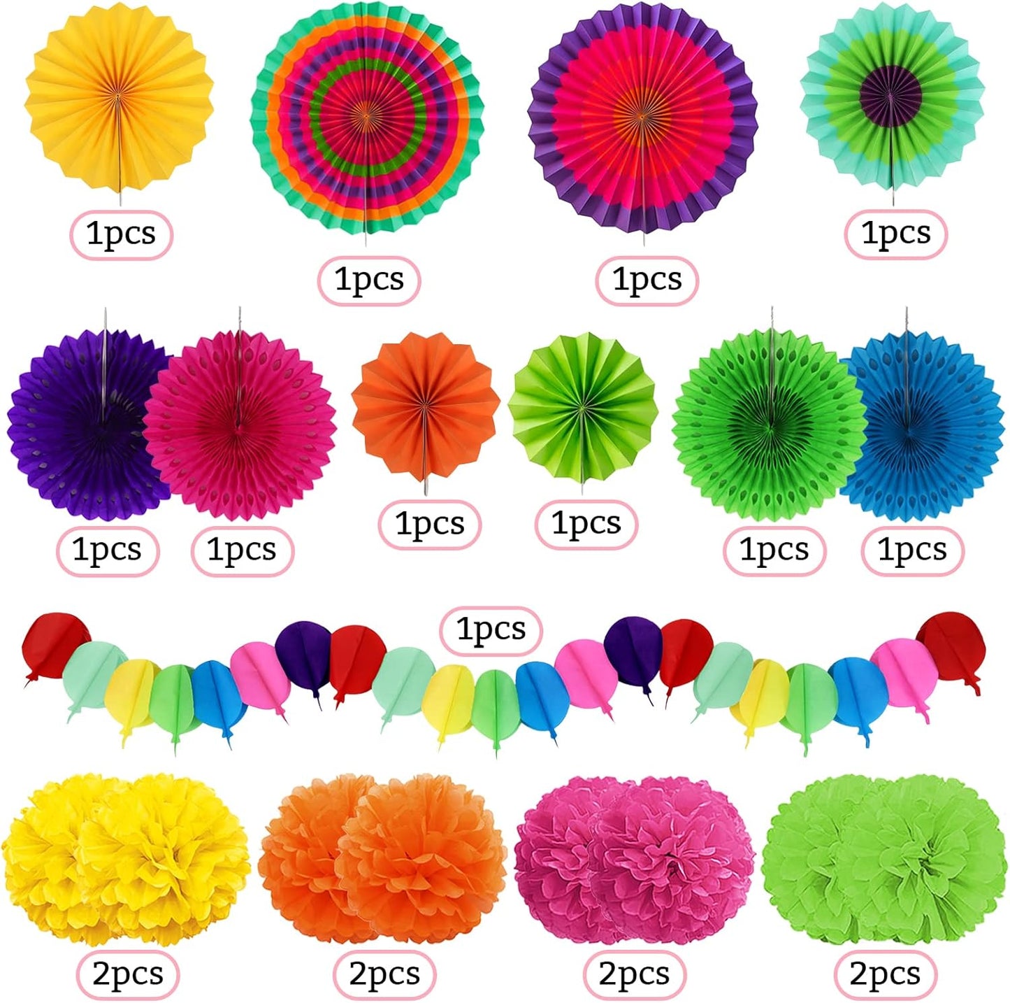 Fiesta Party Decorations, Multicolored Paper Pompoms Fan Garlands for Mexican Party Cinco De Mayo Luau Event Birthday Holi Decorations Colorful Rainbow Party Supplies