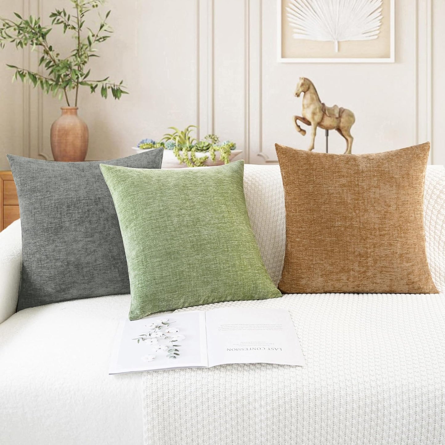 CaliTime Throw Pillow Covers Decorative 26 X 26 Inches Pack of 2 Cozy Chenille Cushion Cases for Couch Sofa Bed Living Room Home Sage Green