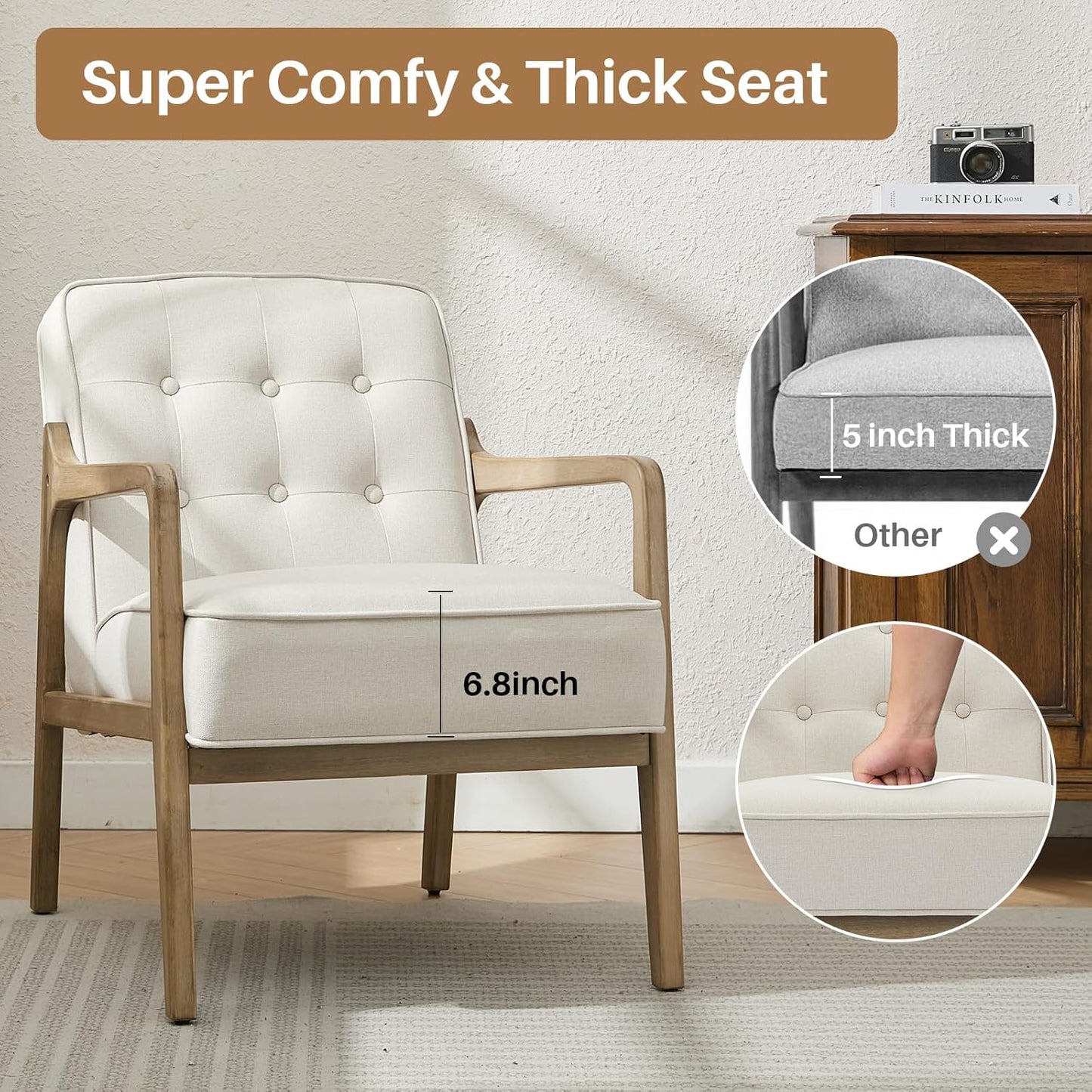 Linen Accent Chair, Mid Century Modern Chair for Living Room, Upholstered Comfy Lounge Armchair with Solid Wood Frame, Reading Side Chair for Bedroom,105°Ergonomic Comfort, White