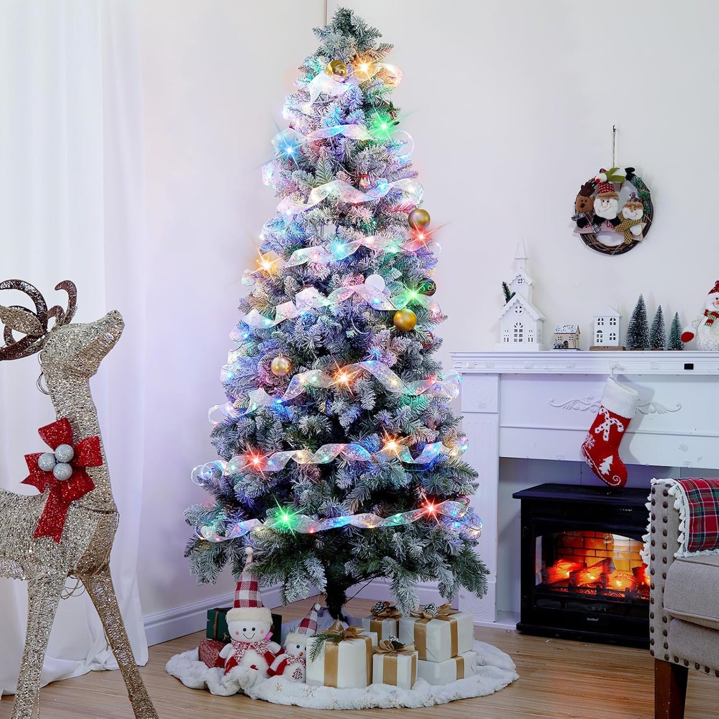 Christmas Tree Ribbon String Lights - 33ft 100 LED Battery Powered Fairy Lights with Timer and 8 Lighting Mode, Ribbon Bow Light for 6ft - 8ft Christmas Tree New Year Decor, Silver Ribbon, Multi-color