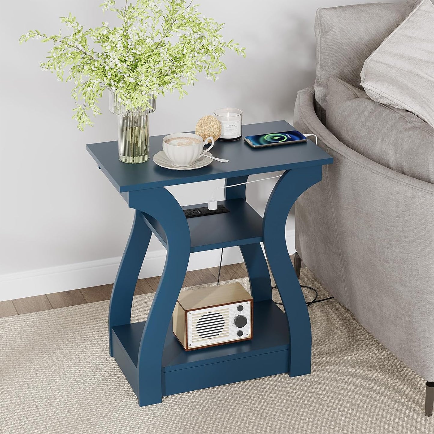 End Tables Living Room, End Table end Table with Charging Station and USB,Navy Blue Side Table, Nightstand for Bedroom,3 Tier End Table with Storage Shelf for Living Room