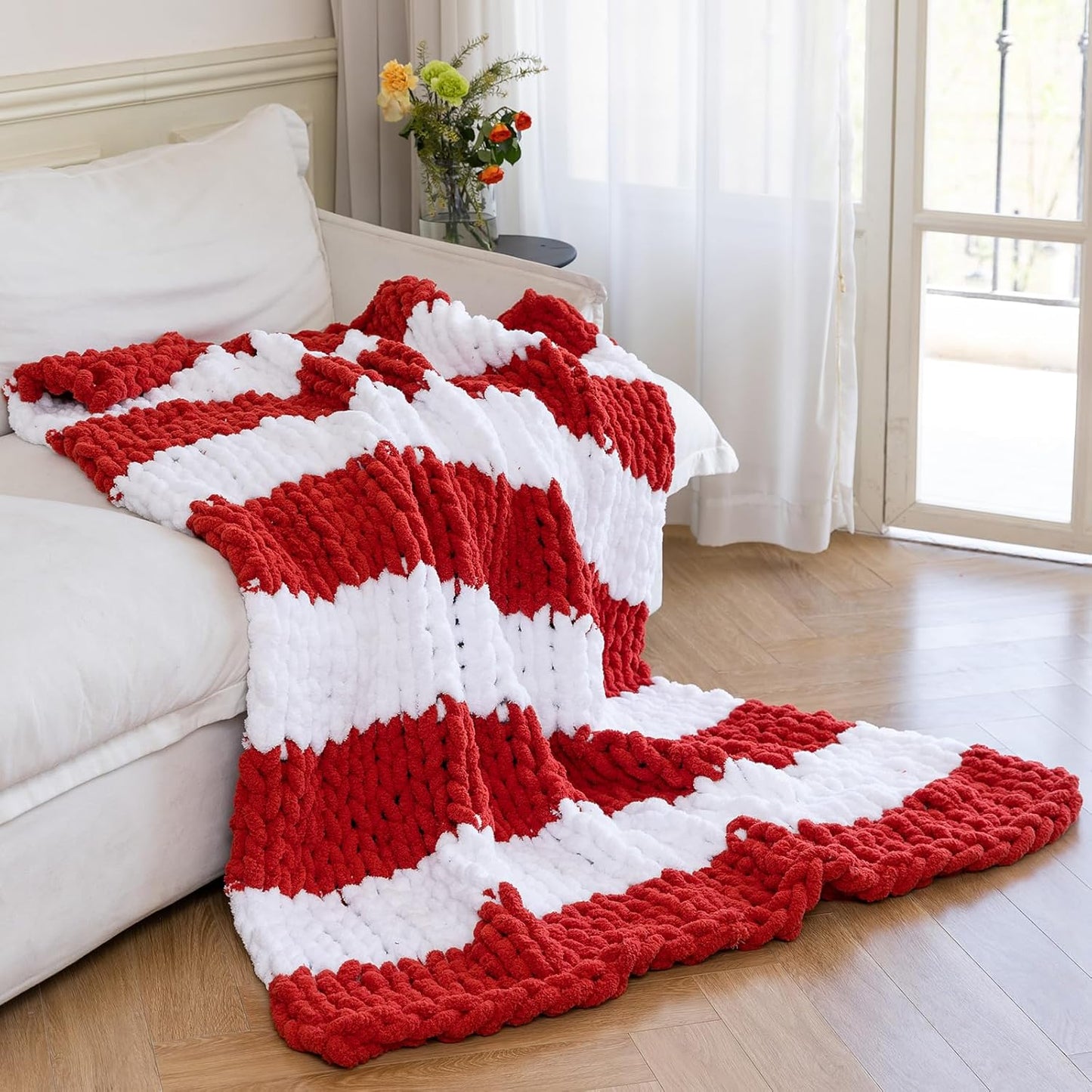 Chunky Knit Blanket - Luxury Soft Cozy 60 * 80 Throw Blanket,100% Woven Blanket Rope Knot Throw Blanket for Couch, Sofa, Home Decor, Gift - Machine Washable（White/Wine red）