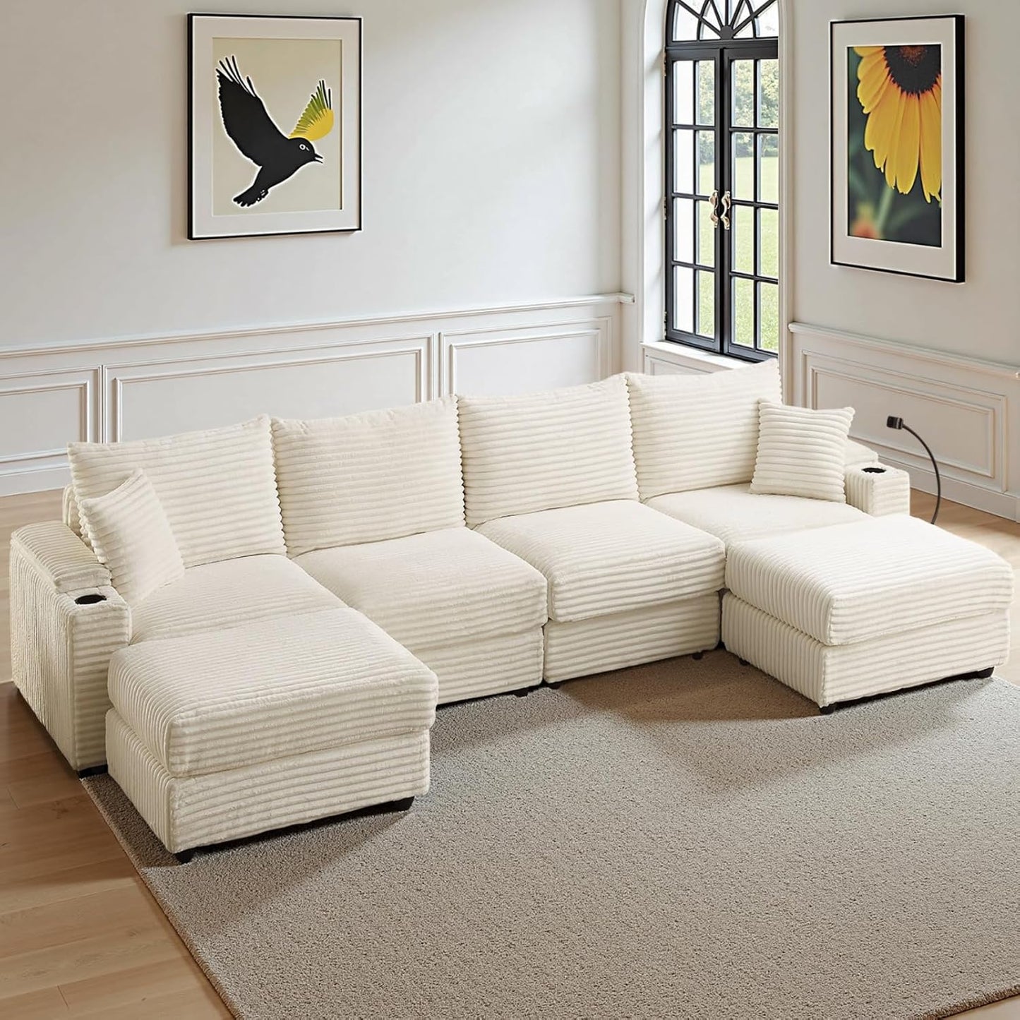 Modular Sectional Sofa Couch, Plush Corduroy Fabric Sectional Couches for Living Room with USB Charging Ports, Phone Holders, and Multi-Functional Storage Armrests (White, 4set+2ottoman)