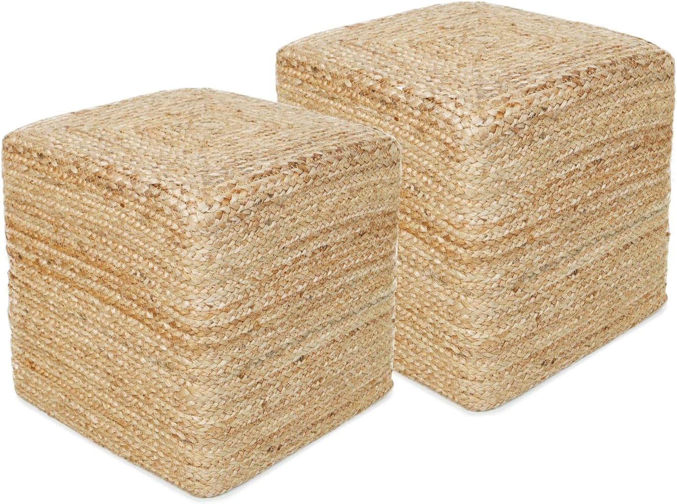 REDEARTH · Cube Pouf Foot Stool Ottoman - Jute Braided Pouffe Poof Accent Sitting - Set of 2 Footrest for The Living Room, Bedroom, Nursery, Patio, Lounge, Office - 14.5”x14.5”x16” - Natural