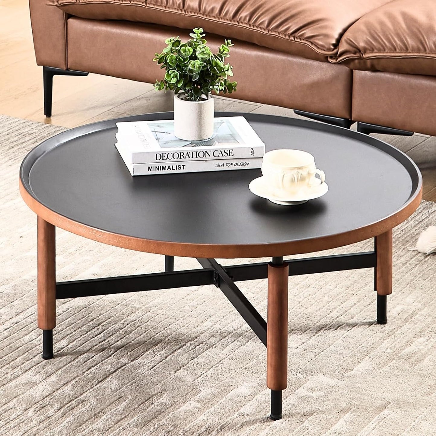 HEAH-YO Round Nesting Coffee Table Set of 2, Wood Tray Top Accent Table with Walnut Wrapped Metal Legs, Industrial & Farmhouse Side Table for Living Room/Office Reception, Black