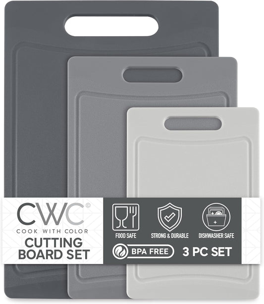 COOK WITH COLOR Non-Slip Cutting Board Set – Kitchen Essentials with Easy Grip Handle for Meat, Veggies, and Fruits, 3 Cutting Boards, Gray