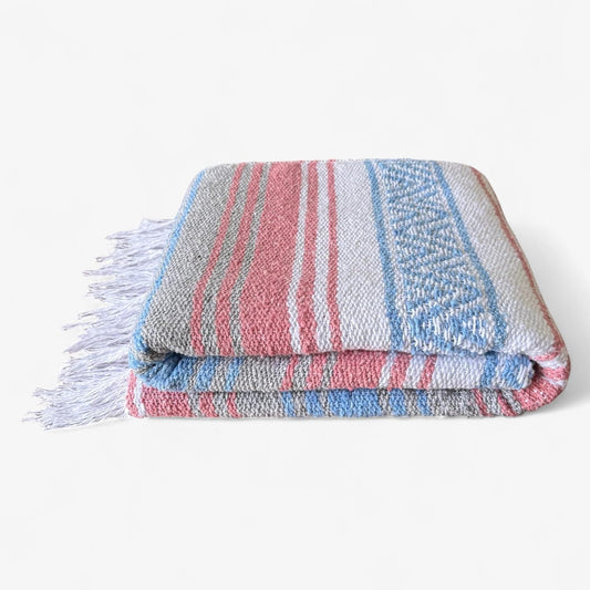 Traditional Handwoven Mexican Blanket, Large Falsa Serape - Soft & Durable - Vibrant Beach, Picnic, Yoga & Camping Mat - Lightweight Boho Throw 70"x50" (Bubblegum)