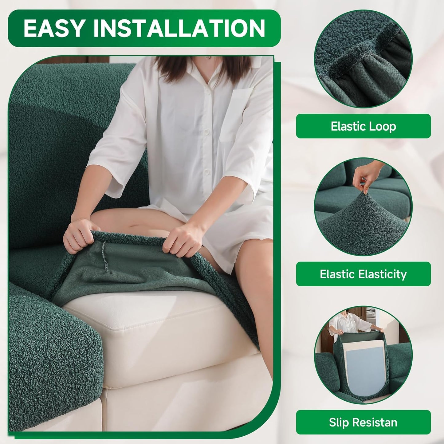 Couch Cushion Covers for Sectional Sofa, Stretch Soft Sofa Slipcovers Washable Wear-Resistant Universal Furniture Protector for Living Room(2 Seaters Covers+1 Chaise Cover, Green)