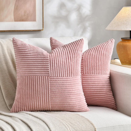 Fancy Homi 2 Packs Blush Pink Samll Decorative Throw Pillow Covers 14x14 Inch with for Couch Bed Sofa, Rustic Farmhouse Boho Home Decor, Soft Corss Patchwork Corduroy Square Cushion Case 35x35 cm