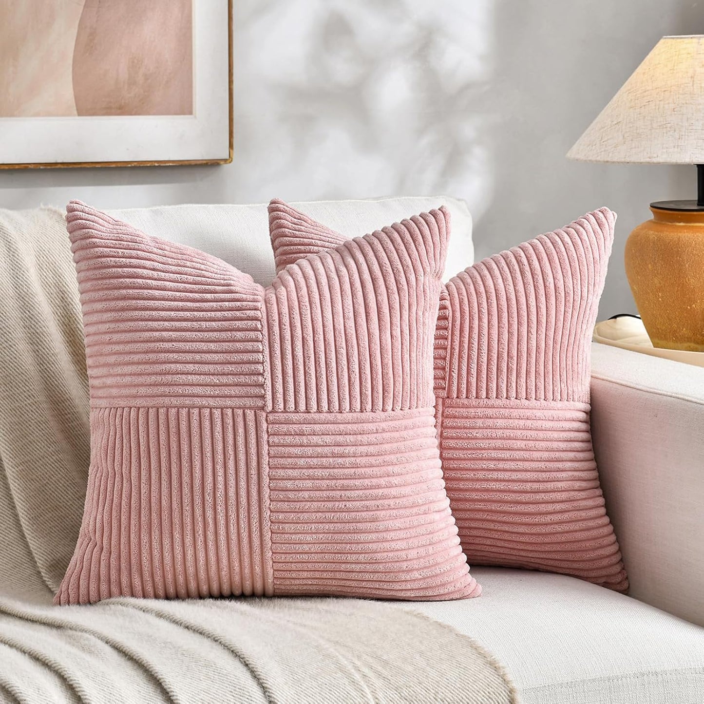 Fancy Homi 2 Packs Blush Pink Decorative Throw Pillow Covers 16x16 Inch for Living Room Couch Bed, Rustic Farmhouse Boho Home Decor, Soft Corss Patchwork Corduroy Textured Square Cushion Case 40x40 cm
