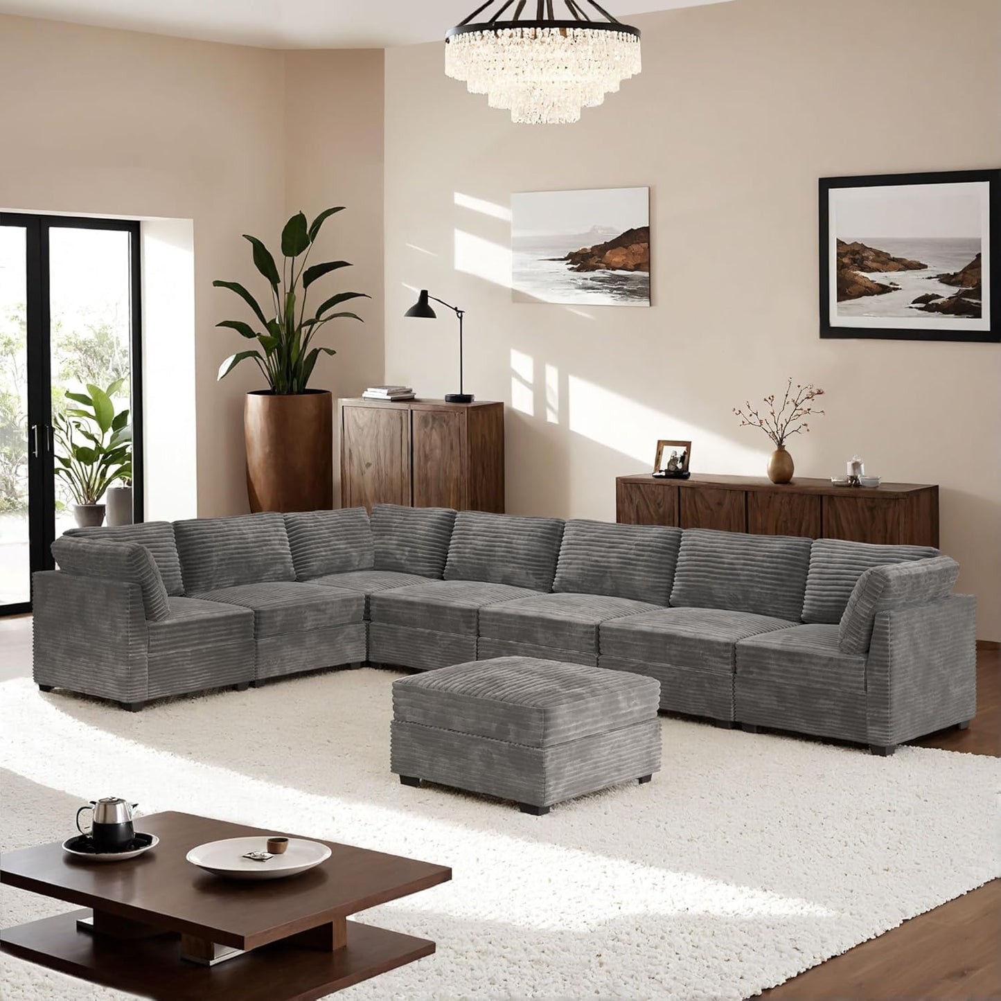 ovios Sectional Sofa Couch with L-Shape Chaise Ottoman, Comfy Modular Cloud Couches with Deep Seat, Modern Upholstered Plush Corduroy Sofas Set for Living Room, 8-Seater, Grey