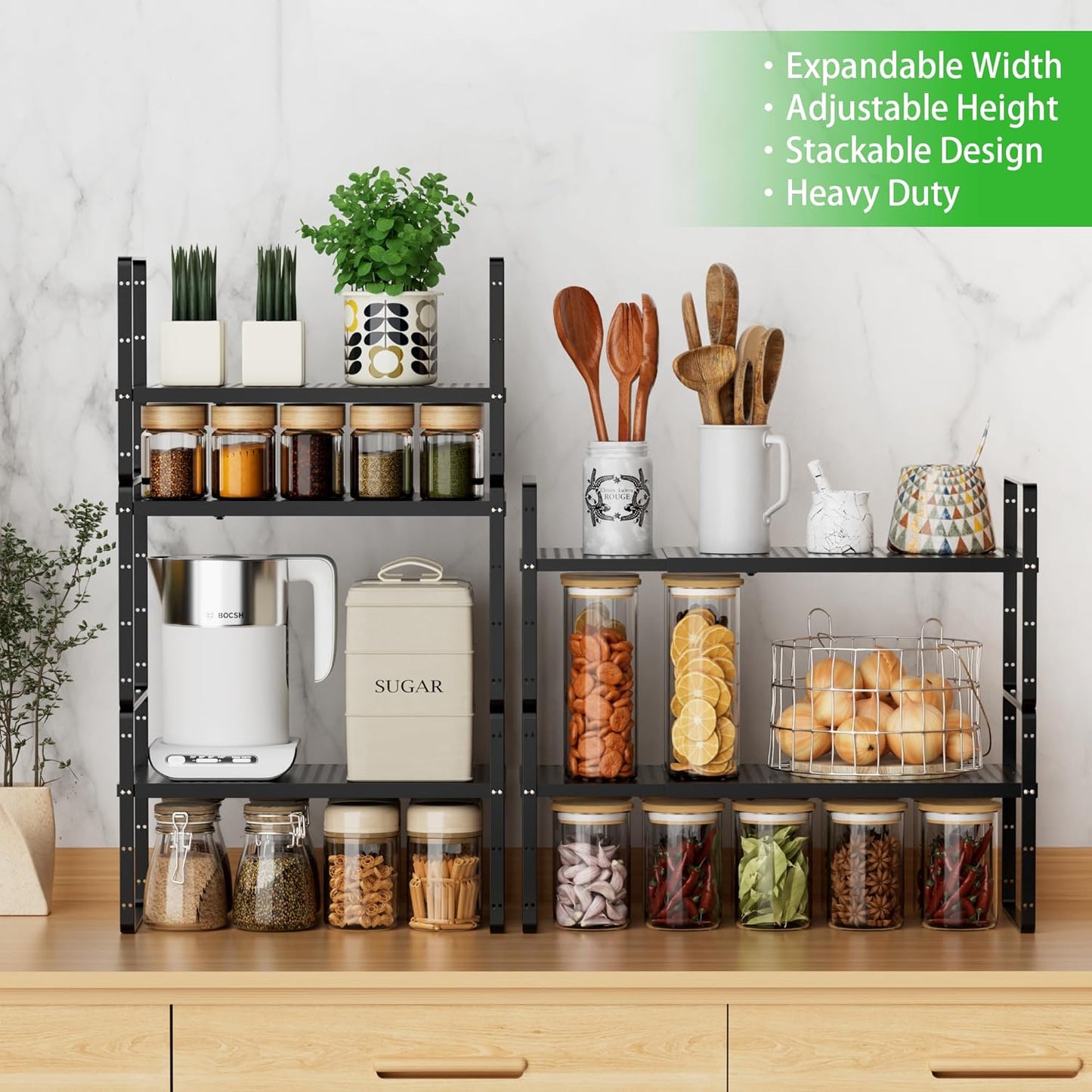 Expandable Cabinet Storage Shelf Stackable Organizer Rack for Kitchen Bathroom Pantry Spice Cupboard Coffee Countertop Home Office Desk Heavy Duty Nonslip Black Small 3 Packs