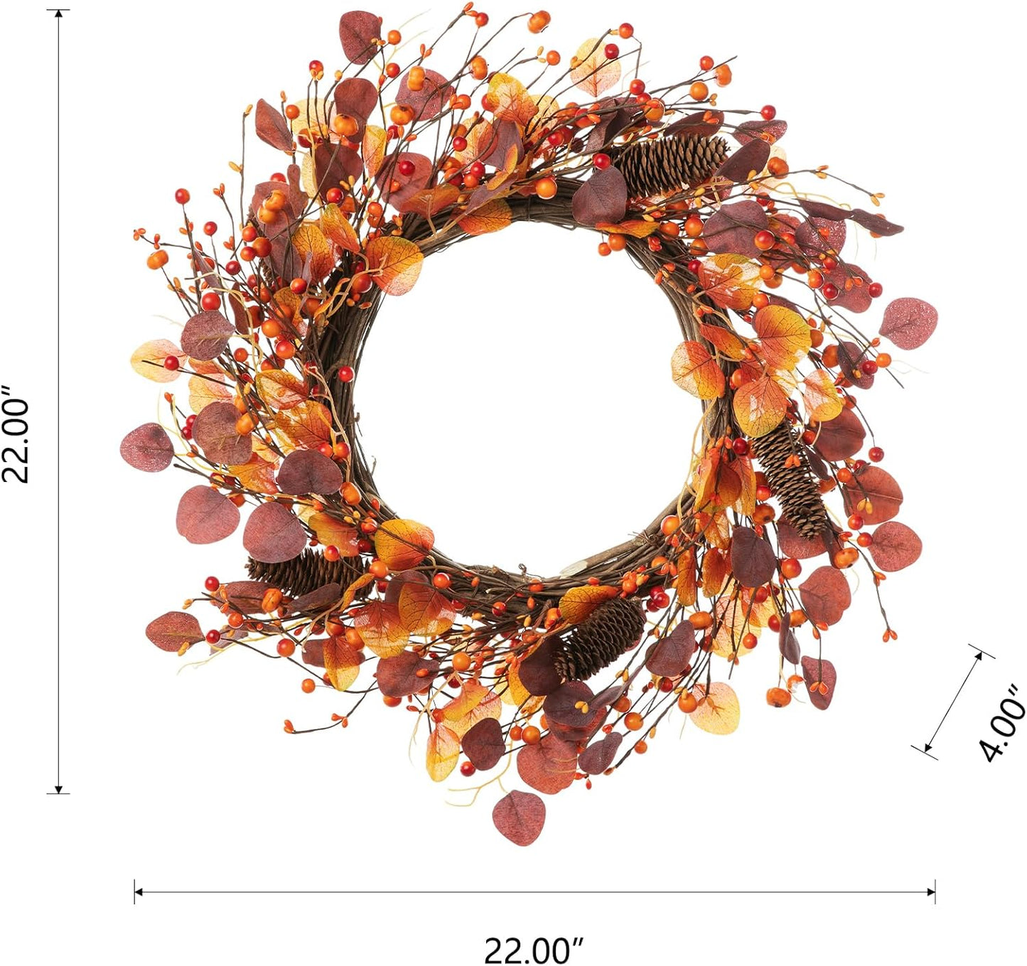 Glitzhome 22" D Fall Eucalyptus Berry Wreath, Artificial Wreaths Rustic Hanging Ornaments for Fall Front Door Wall Decor