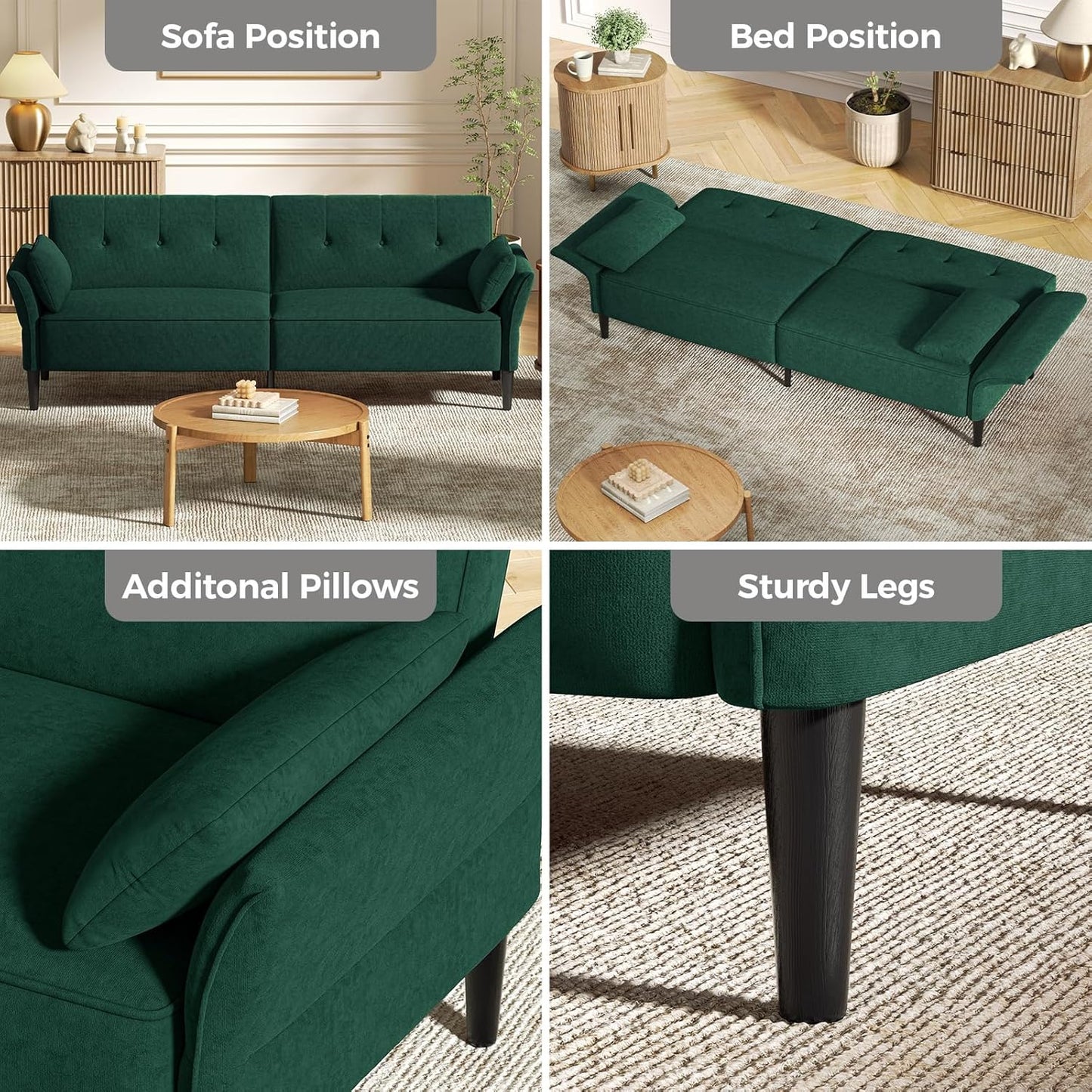 89” Futon Sofa Bed, Velvet Fabric Comfy Futon Couch Bed with 2 Square Pillows, Convertible Sleeper Sofa with Adjustable Backrest& Armrests, Modern Loveseat Sleeper for Living Room, Bedroom