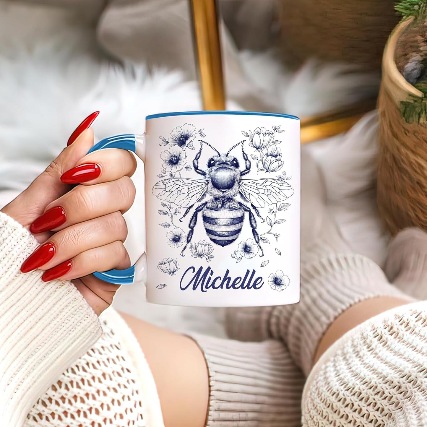 Hyturtle Personalized Floral Bee Mug - Bee Keeper Gifts For Women Lovers Teacher - Honey Gifts For Beekeeper Farmer On Birthday - Queen Honeycomb Decor - Custom Coffee Cup Ceramic Mug 11 Oz 15 Oz