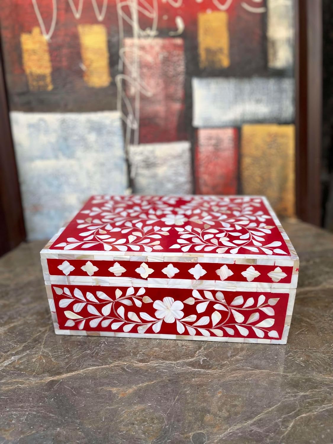 Decorative Wooden Storage Box with Mother of Pearl Inlay – Elegant Floral Design – Perfect for Home Décor in Living Room, Dining Area, or Bedroom (Red, 12x8x5 inches)