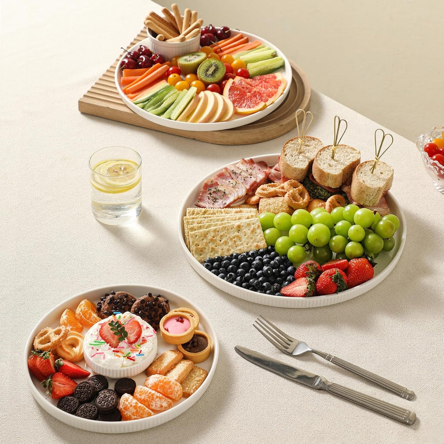 3 Packs Serving Platters, Large Serving Tray, Round Platters for Serving Food, Food Tray for Veggie Fruit Snack Dessert Cheese, White Ceramic Serving Trays for Party, Entertaining, 12.8”/10.8”/8.8”