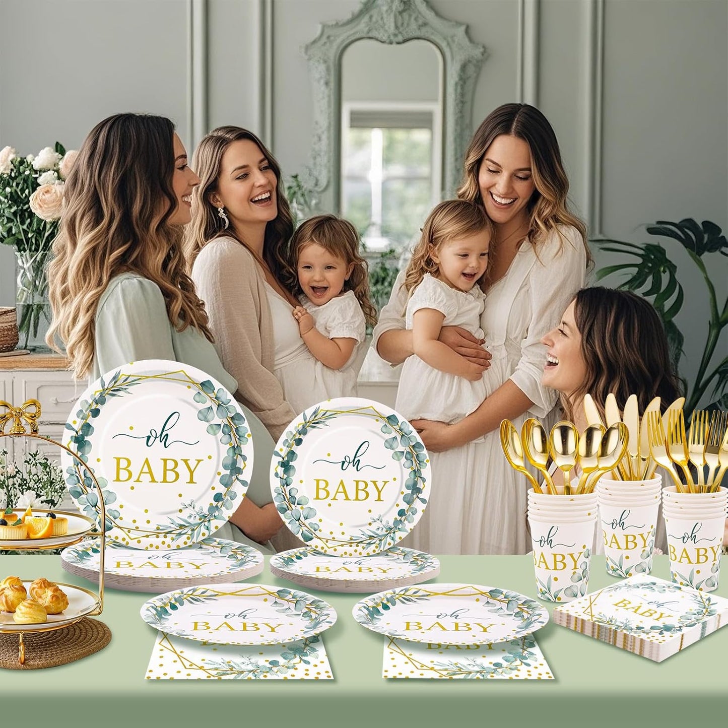 140PCS Sage Green Baby Shower Decorations for Boy, Baby Shower Plates and Cups and Napkins Sets Serves 20, for Eucalyptus Boho Boy Neutral