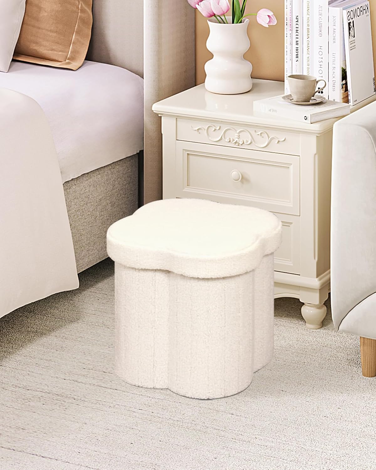 B FSOBEIIALEO Storage Ottoman Cube, Flowers Shaped Ottomans with Storage Foot Stool Footrest for Lving Room, Boucle Ottoman Seat for Dorm Room,Faux Teddy Fur, Cream White 12.6"x12.6"x12.6"