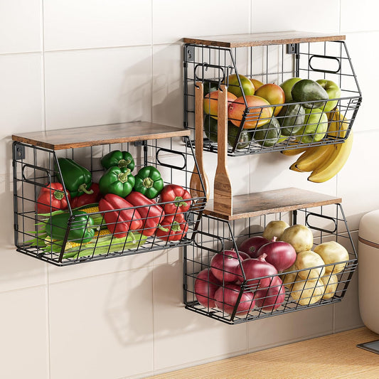Delamu 3 Pack Stackable Metal Fruit Basket with Wood Lid-Wall Mounted&Countertop Organizer for Kitchen,Pantry- Ventilated Storage for Onions,Potatoes,Fruits,Spices,Black