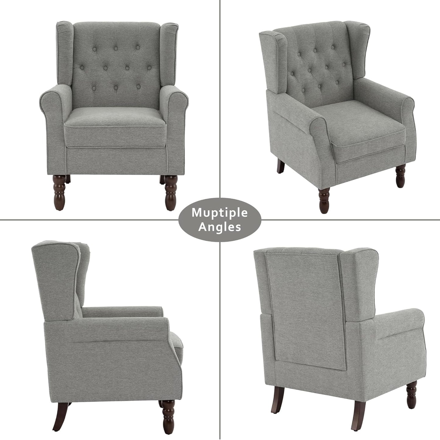 Lumibee High Back Accent Chair,Upholstered Wingback Armchair with Solid Wood Legs for Small Spaces,Comfy Single Sofa Chair for Living Room,Bedroom,Office-Light Gray