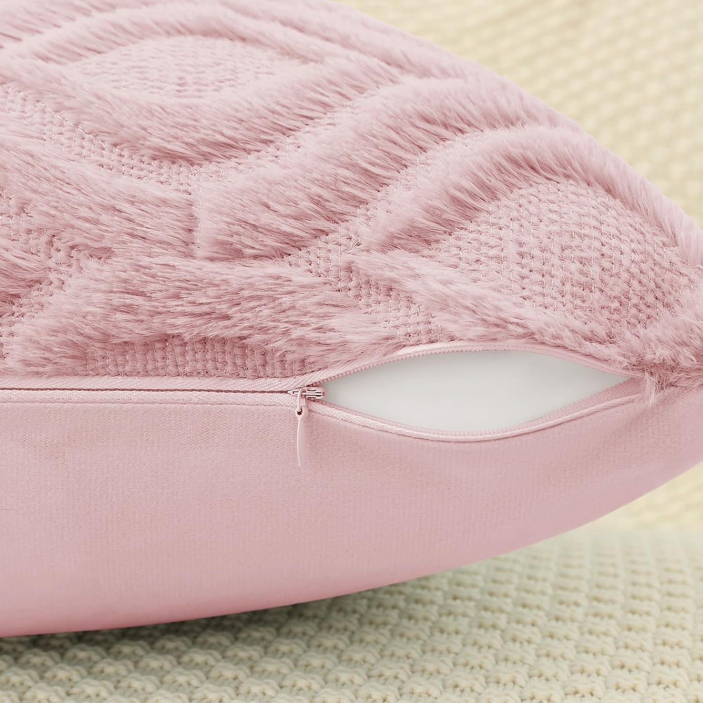 decorUhome Throw Pillow Covers 18x18 Inch Set of 2, Soft Plush Decorative Faux Fur Light Pink Solid Couch Pillow Covers, Accent Farmhouse Neutral Square Euro Pillow Cases for Sofa Bed Living Room