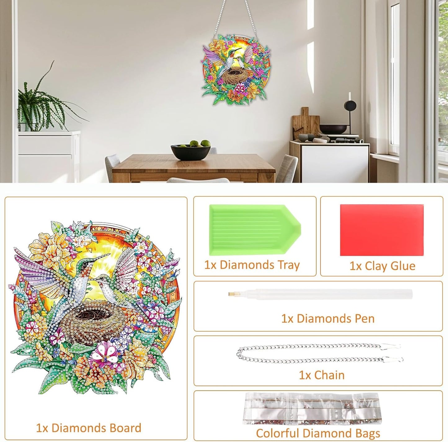 SENQAO Hummingbird Diamond Art Hanging Kit for Adult, Special Shaped Rhinestone, Double Sided DIY Acrylic Diamond Art Painting Window Pendants Home Garden Wall Hanging Kits Hanging Ornament