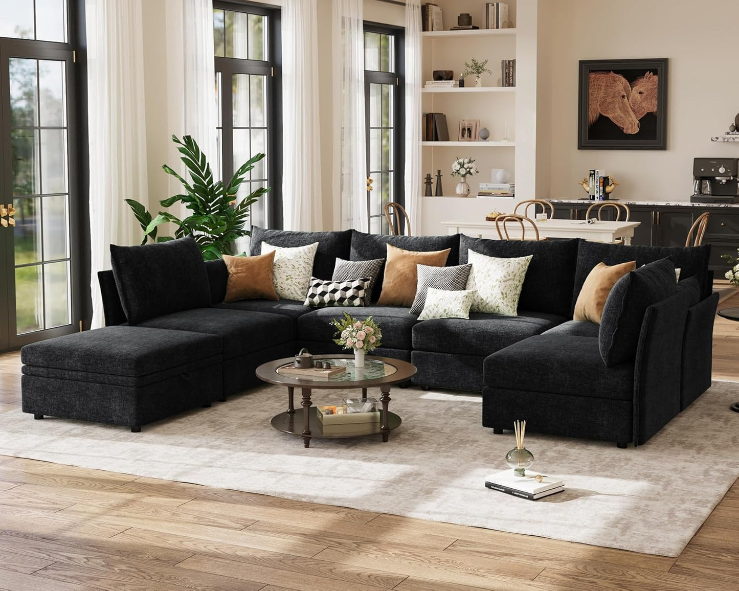 134.6" Oversized Modular Sectional Sofa, Large 7 Seater U Shaped Couch with Storage Ottoman with Reversible Chaise Deep Seat for Living Room, Apartment - Chenille Black