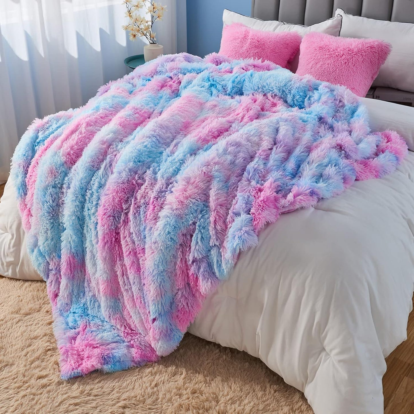 GONAAP Fuzzy Faux Fur Throw Blanket Queen Size Purple Rainbow Super Soft Cozy Plush Fuzzy Shaggy Blanket for Couch Sofa Bed (Purple Rainbow, Queen(90"x90"))