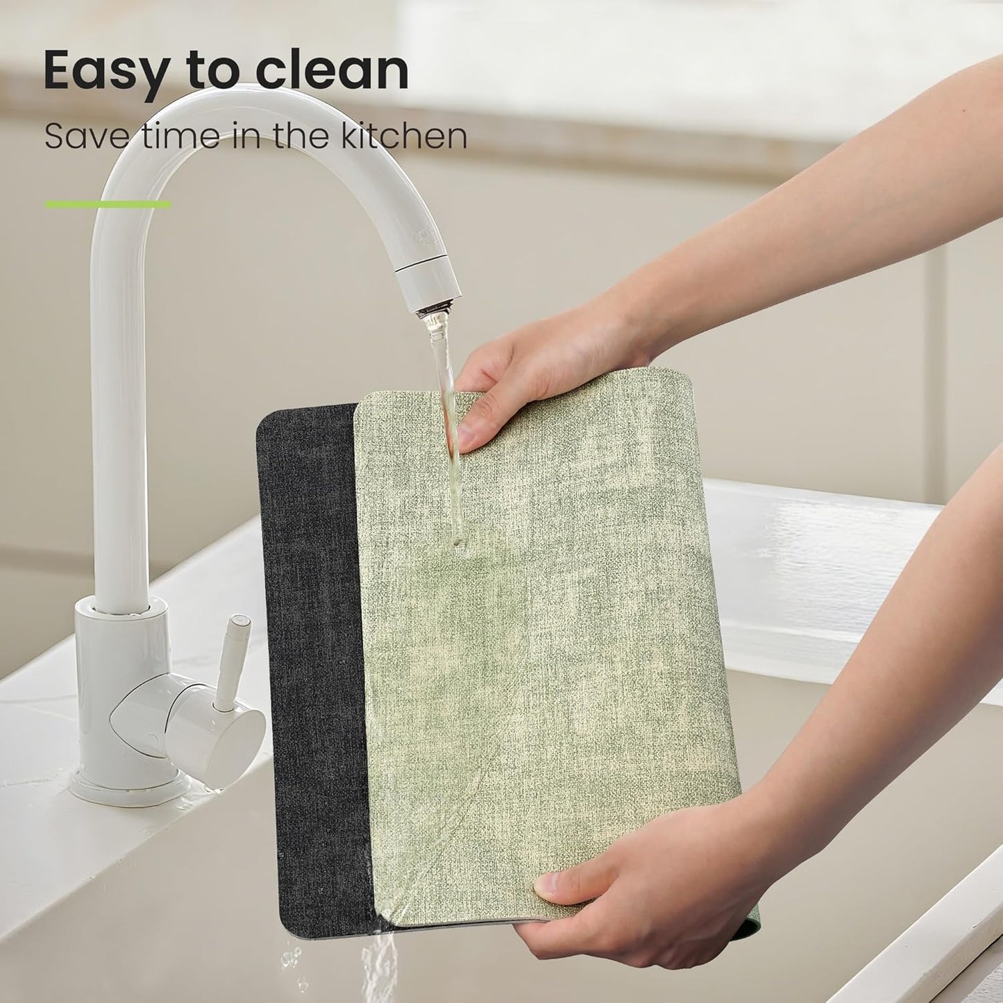 Faux Leather Dual Sided Placemats Set of 4, Square Non-Slip Heat Resistant Placemats with Coaster, Reversible wipeable Waterproof Table Mats for Kitchen, Dining, Outdoor (4, Black Light Green)