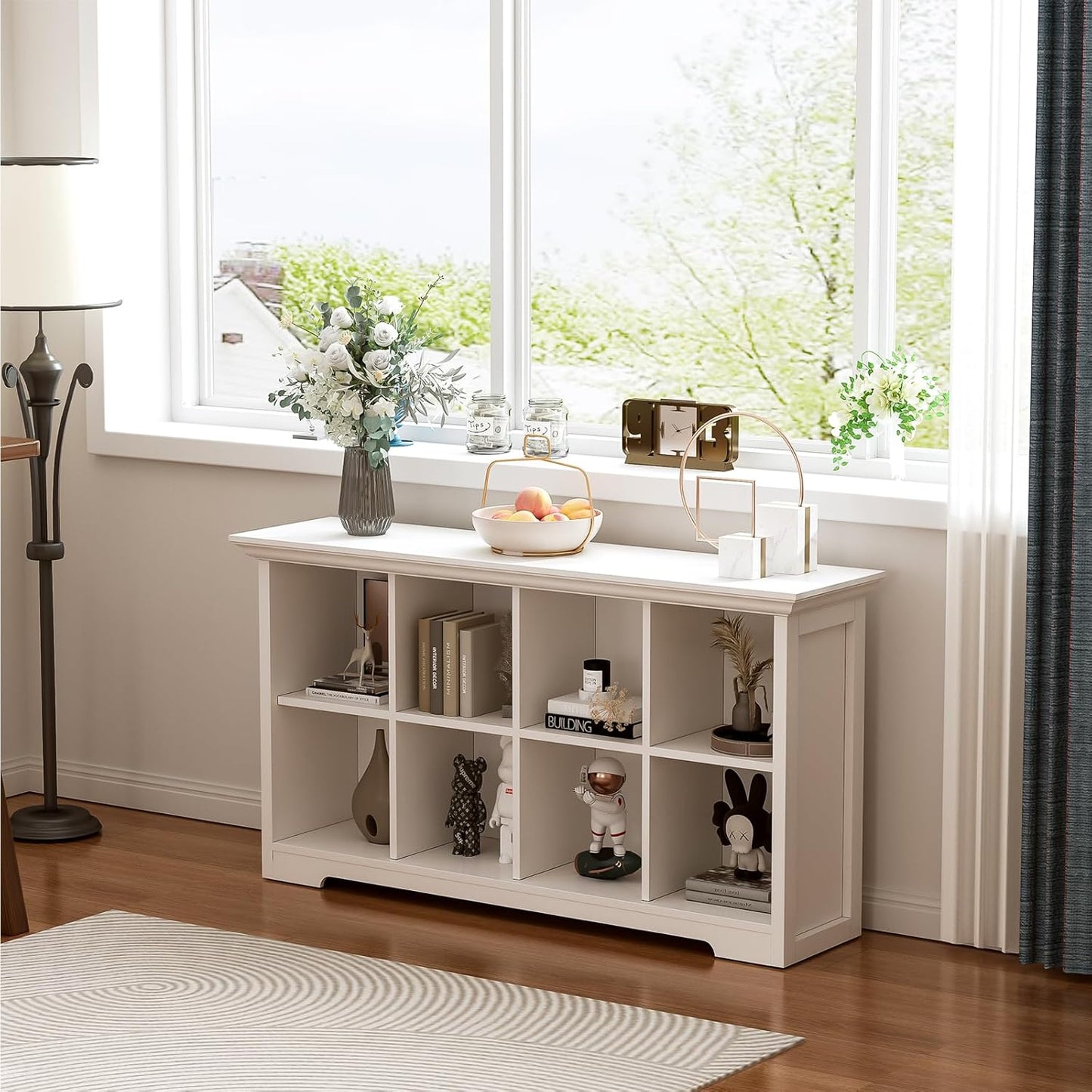 Cube Shelf Bookcase with Base - Wooden 2 Tiers Floor Standing Low Storage Cabinet for Home and Office, 8-Cube Lattice Bookshelf, Warm White